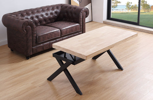 salon con sofa marron y mesa de centro plegable