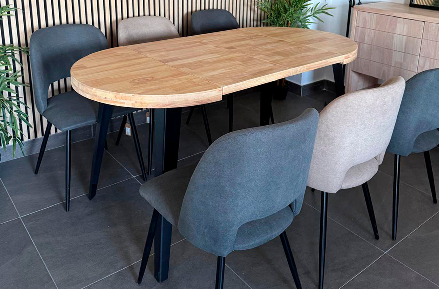 MESA COMEDOR REDONDA EXTENSIBLE BERG 80 - 120 - 160 CM ROBLE NORDISH / NEGRO.