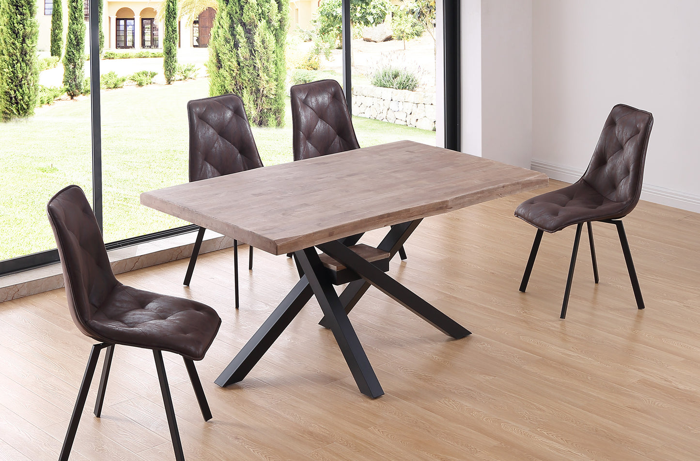 MESA COMEDOR FIJA MYKONOS 150 x 90 CM ROBLE HONEY / NEGRO TAPA CON FORMA