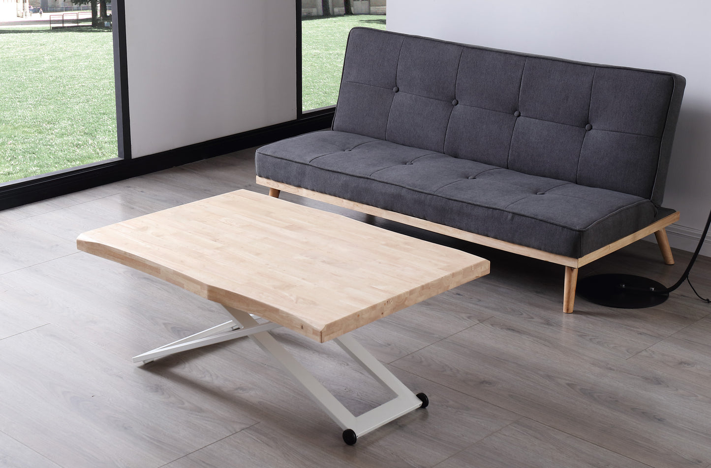 MESA CENTRO ELEVABLE NIEBLA 120 x 80 CM ROBLE NORDISH / BLANCO TAPA CON FORMA