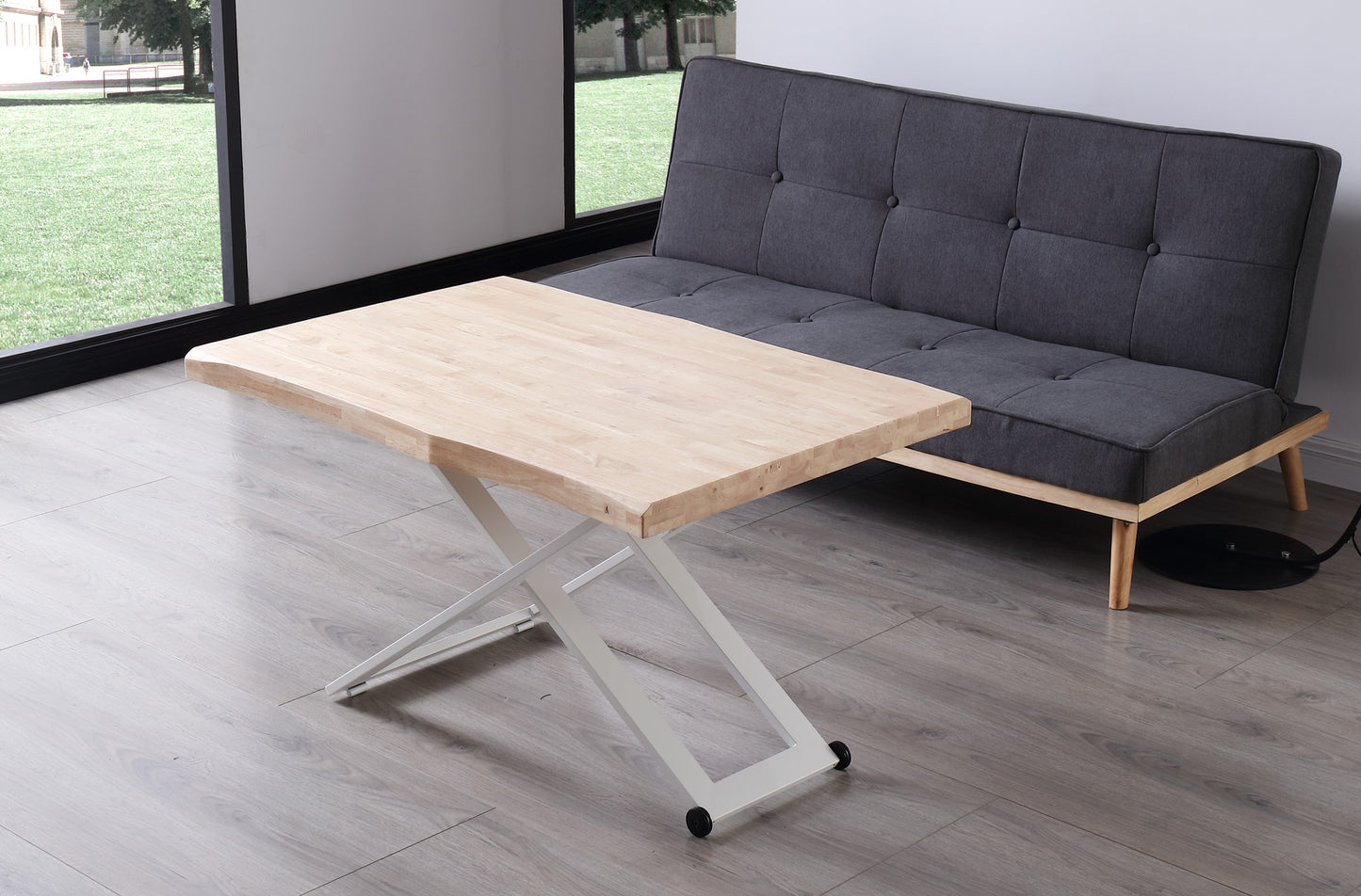 MESA CENTRO ELEVABLE NIEBLA 120 x 80 CM ROBLE NORDISH / BLANCO TAPA CON FORMA
