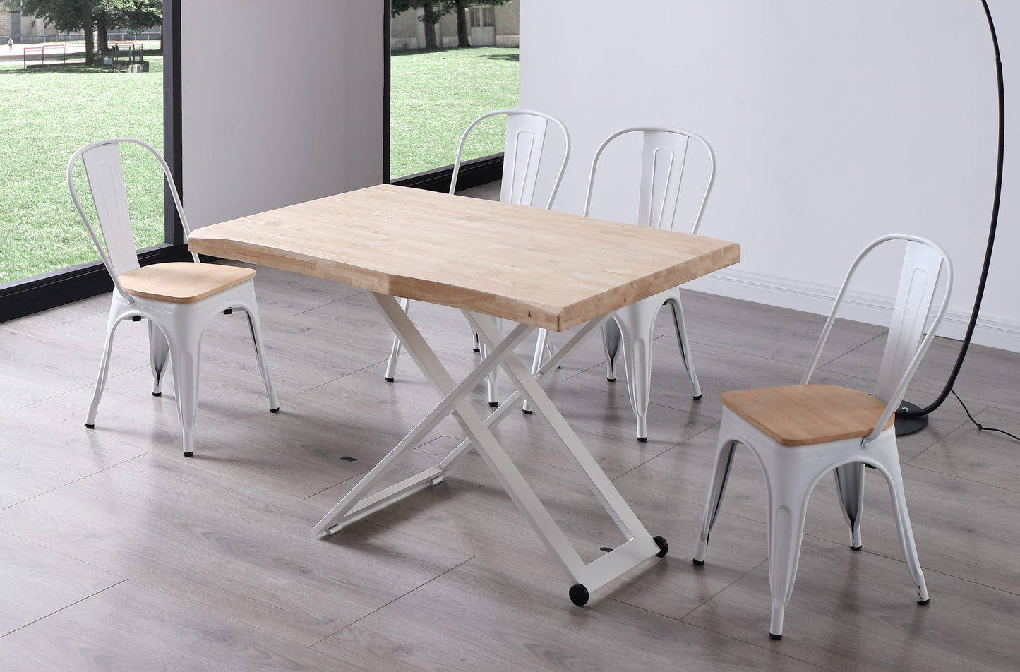 MESA CENTRO ELEVABLE NIEBLA 120 x 80 CM ROBLE NORDISH / BLANCO TAPA CON FORMA