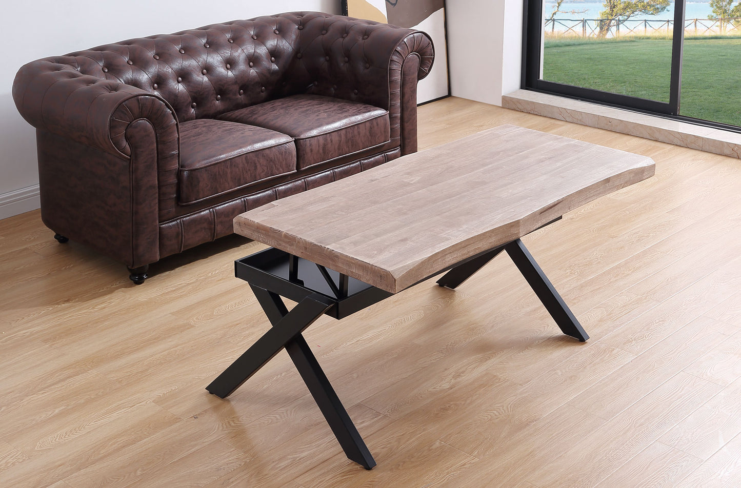 MESA CENTRO ELEVABLE NEBULOSA 120 x 66 CM TAPA CON FORMA ROBLE HONEY / NEGRO