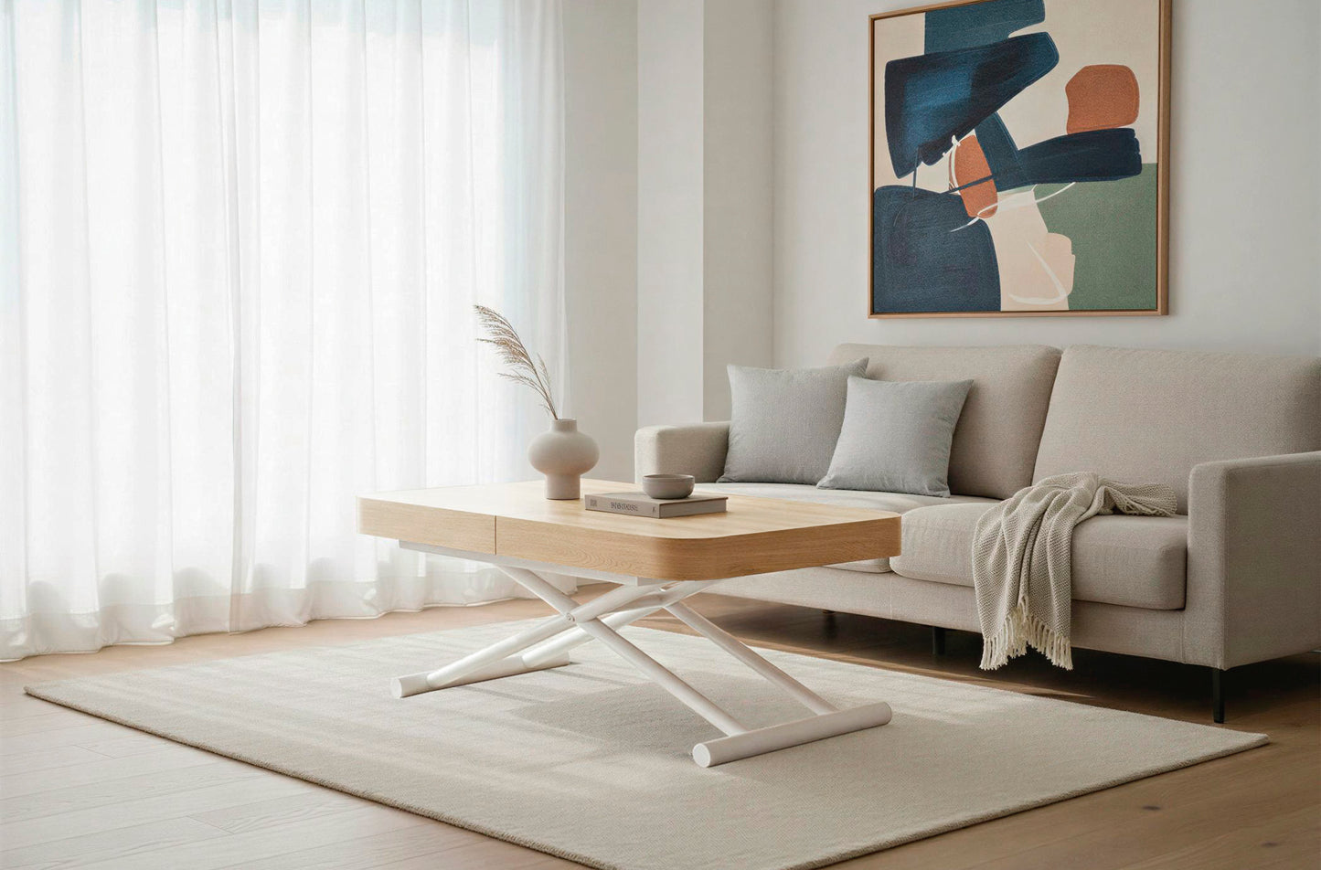 MESA CENTRO EXTENSIBLE 120 - 160 - 200 CM CON ELEVACION ELECTRICA TURIN OAK / BLANCO
