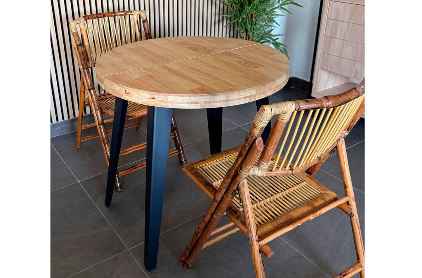 MESA COMEDOR REDONDA EXTENSIBLE BERG 80 - 120 - 160 CM ROBLE NORDISH / NEGRO.