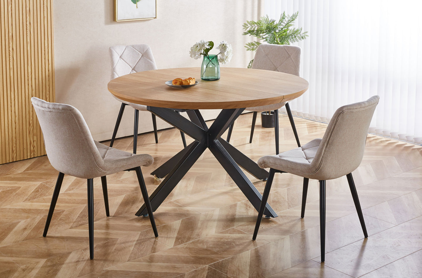 MESA COMEDOR REDONDA EXTENSIBLE CROSS 130 - 170 - 210 x 130 CM OAK / NEGRO.