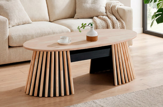 Mesa centro elevable ovalada con cajones y base de palillería Praga
