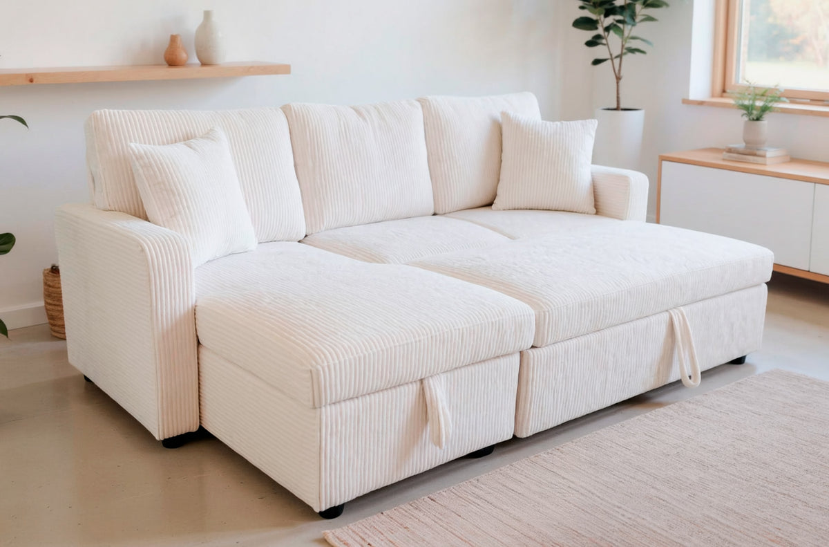 Sofa Cama Chaise 210 cm con Arcon Corduroy Crema