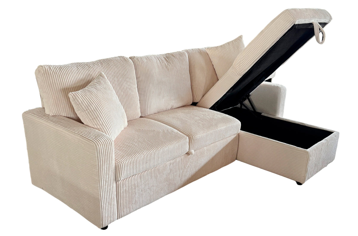 Sofa Cama Chaise 210 cm con Arcon Corduroy Crema