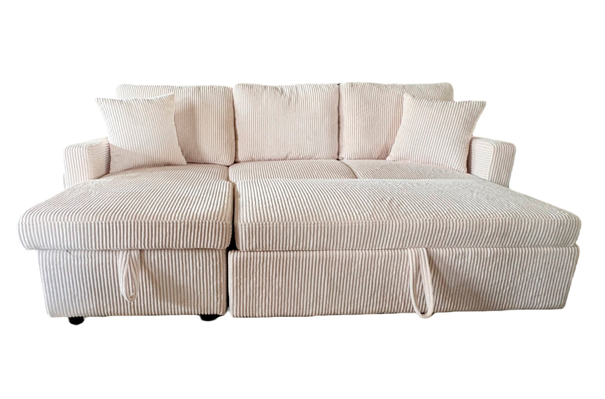 Sofa Cama Chaise 210 cm con Arcon Corduroy Crema