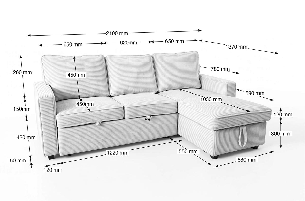 Sofa Cama Chaise 210 cm con Arcon Corduroy Crema