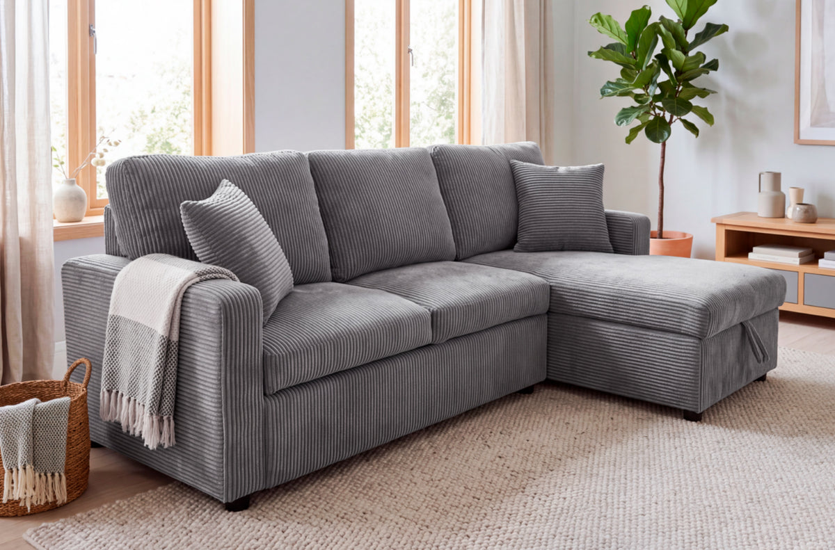 Sofa Cama Chaise 210 cm con Arcon Corduroy Gris