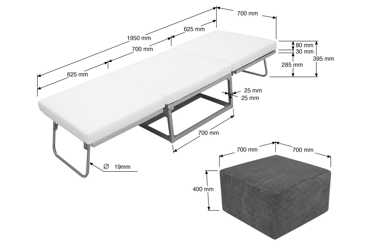 Puf 70 x 70 cm Convertible en Cama 70 x 195 cm con Funda Color Gris
