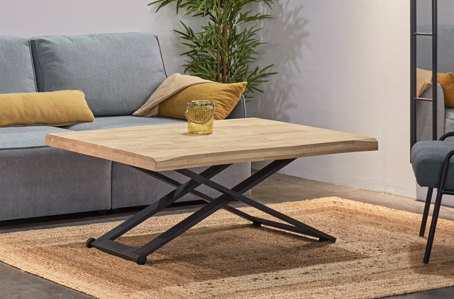 MESA CENTRO ELEVABLE NIEBLA 120 x 80 CM ROBLE NORDISH / NEGRO TAPA CON FORMA