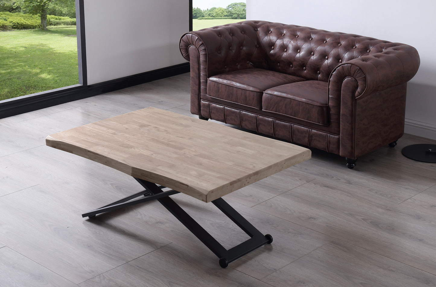 MESA CENTRO ELEVABLE ZOE 120 x 80 CM ROBLE HONEY / NEGRO TAPA CON FORMA.