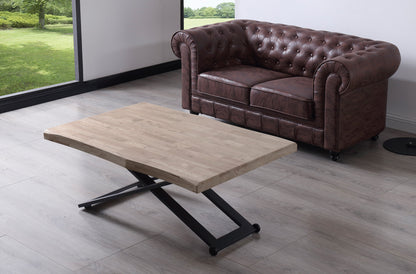 MESA CENTRO ELEVABLE ZOE 120 x 80 CM ROBLE HONEY / NEGRO TAPA CON FORMA.
