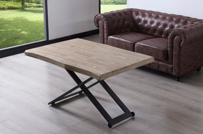 MESA CENTRO ELEVABLE ZOE 120 x 80 CM ROBLE HONEY / NEGRO TAPA CON FORMA.