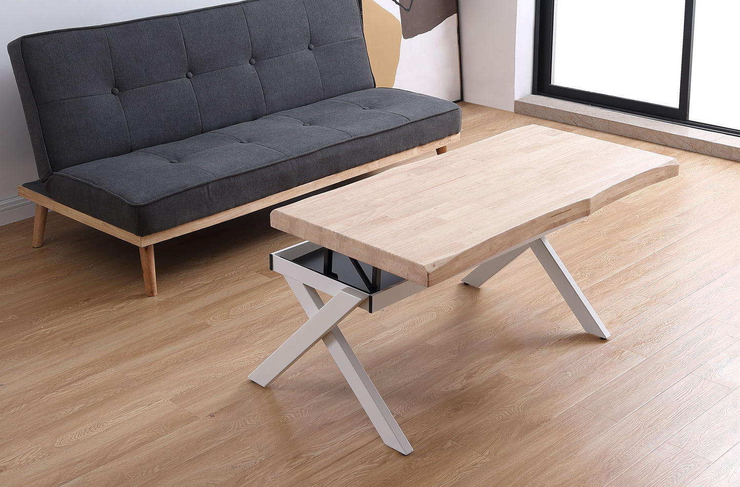 MESA CENTRO ELEVABLE NEBULOSA 120 x 66 CM TAPA CON FORMA ROBLE NORDISH  / BLANCO