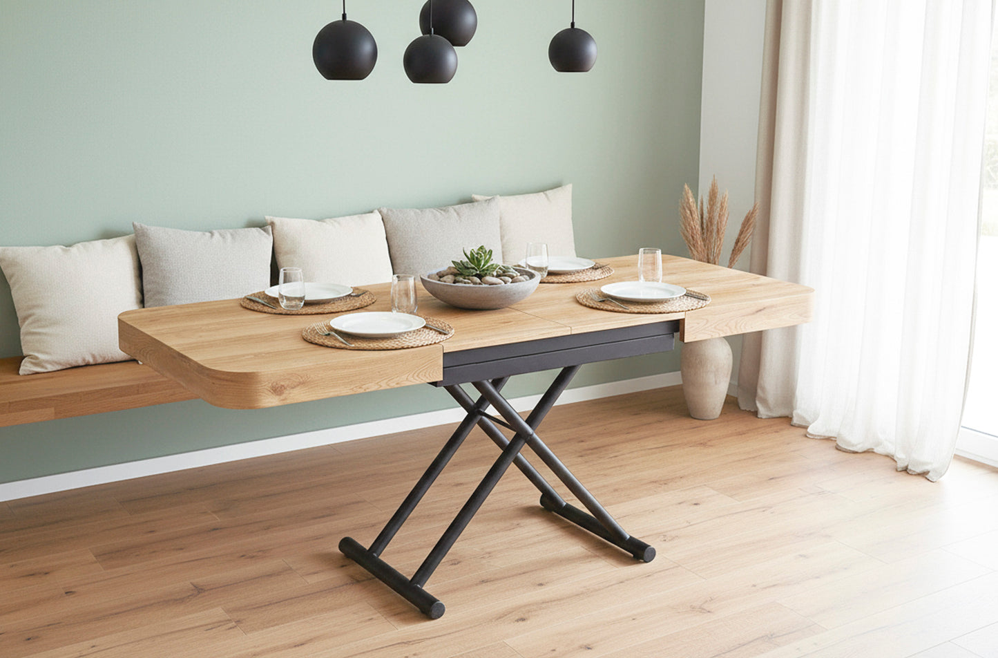 MESA CENTRO EXTENSIBLE 120 - 160 - 200 CM CON ELEVACION ELECTRICA TURIN OAK / NEGRO